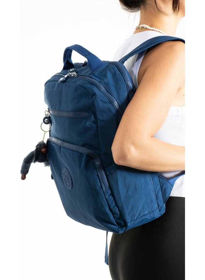 Sanmorris Unisex Water Resistant Crinkle Fabric Multi Compartment Medium Size Navy Blue Color Laptop School and Backpack Bag - Image 3